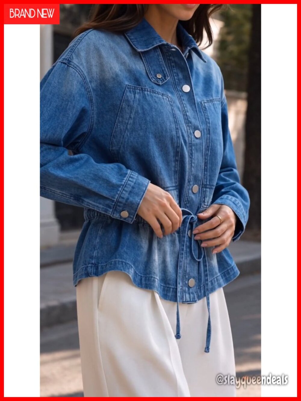 Drawstring Denim Jacket Button Down Collared Shacket - Picture 6 of 6